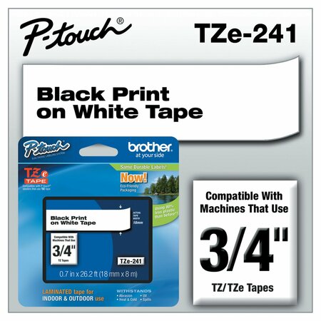 Brother TZe Adhesive Laminated Labeling Tape, 0.7x26.2 ft, Black on White TZE241
